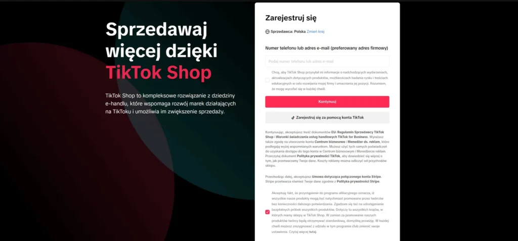 Rejestracja TikTok Shop w Seller Center — formularz „Zarejestruj się" z Polską jako krajem sprzedawcy