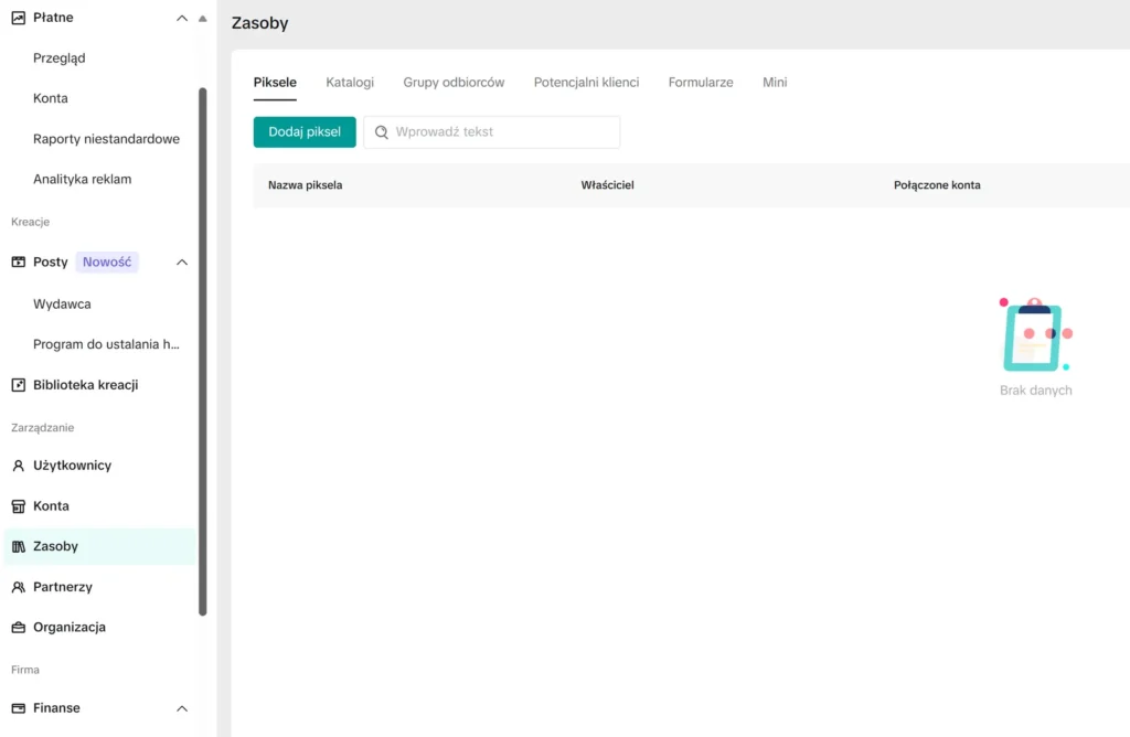 Dodawanie piksela TikTok w Business Center — sekcja Zasoby, zakładka Piksele