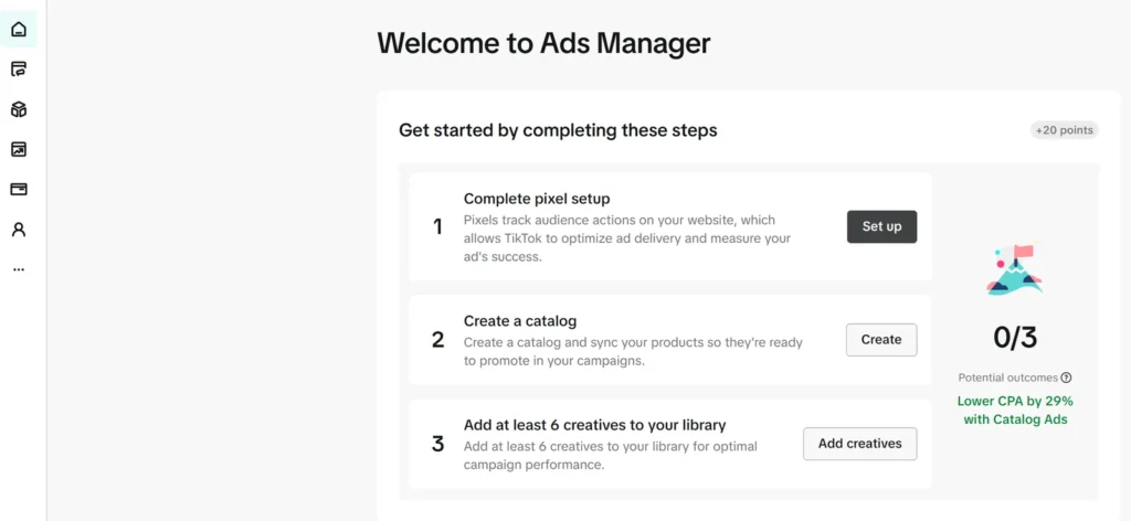 Ekran powitalny TikTok Ads Manager z listą pierwszych kroków: piksel, katalog produktów i kreacje