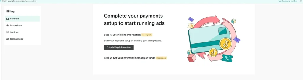 k-ads-platnosci-konfiguracja.webp | Krok 3 (po akapicie o dwóch etapach) | Konfiguracja płatności w TikTok Ads Manager — dane rozliczeniowe i metoda płatności w sekcji Billing