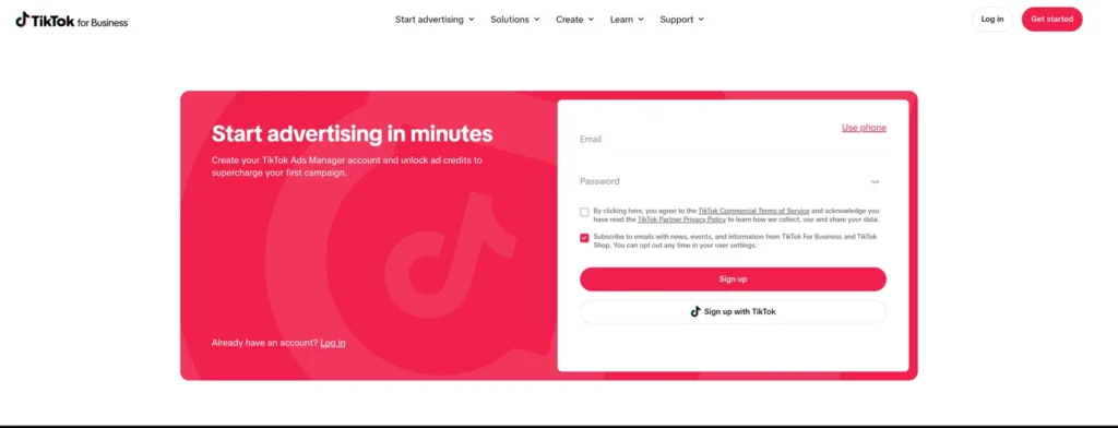 Rejestracja konta w TikTok Ads Manager — formularz e-mail i hasło na stronie TikTok for Business