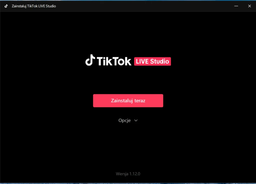 tiktok live studio ekran startowy instalacji