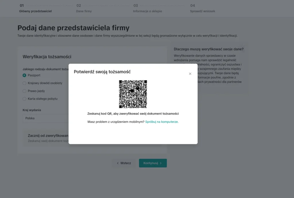 Potwierdzenie tożsamości w rejestracji TikTok Shop — kod QR do zeskanowania telefonem