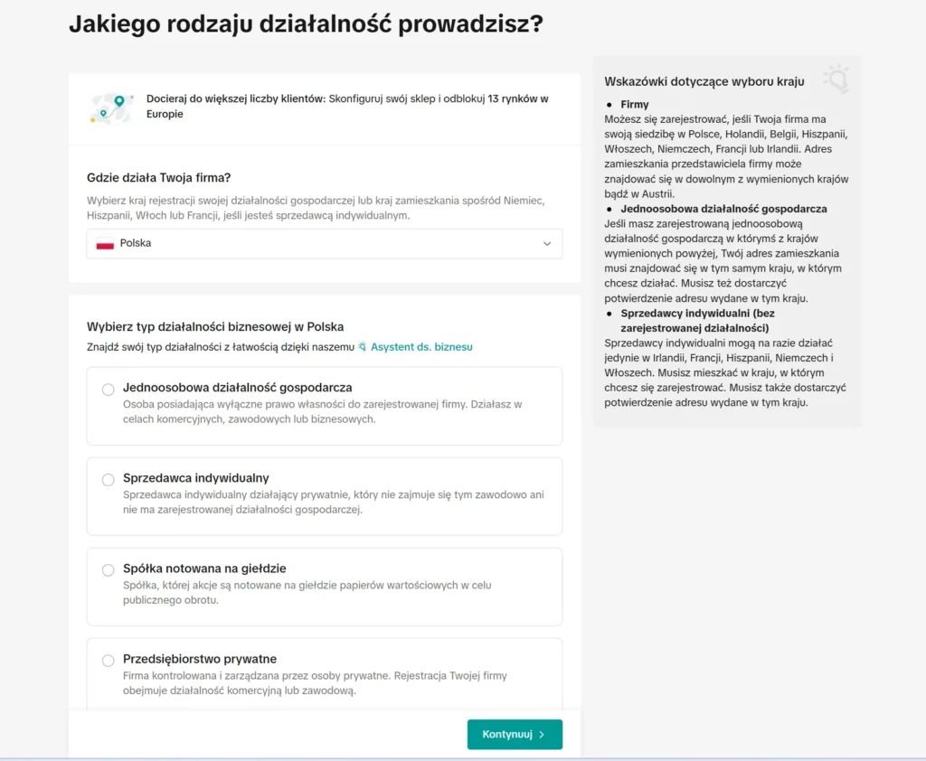 Wybór typu działalności w rejestracji TikTok Shop: jednoosobowa działalność gospodarcza, sprzedawca indywidualny, spółka notowana, przedsiębiorstwo prywatne